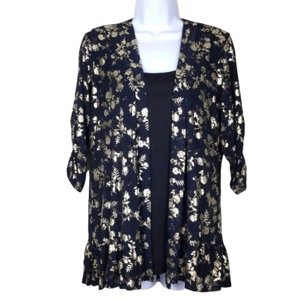 Sara Michelle Womens Blouse Black Blouse w/attached black gold open front M(NWT)